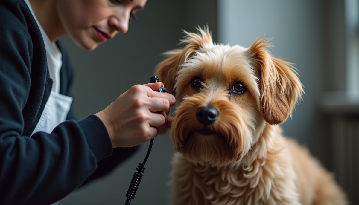 Eye-level view of a professional groomer trimming a dog’s fur