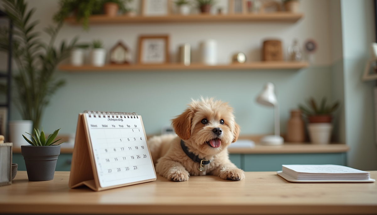Eye-level view of a cozy pet salon reception desk with a calendar and phone