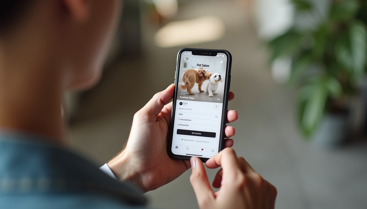 Close-up view of a smartphone screen showing an online pet salon booking app