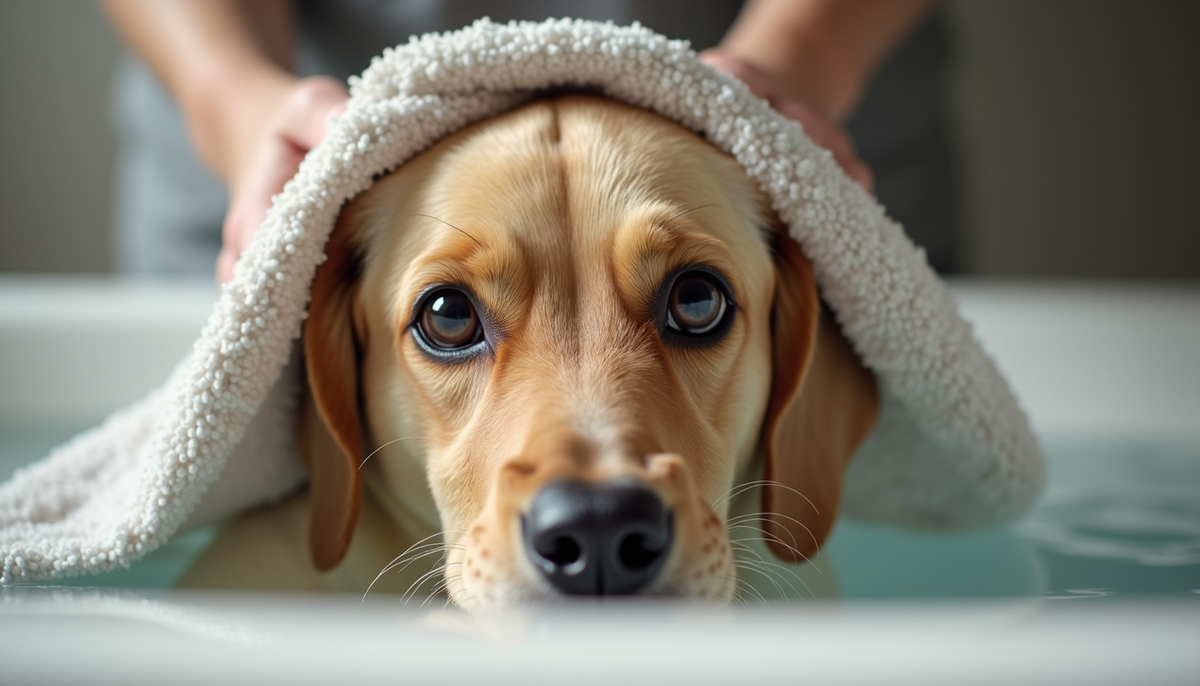 Eye-level view of a dog being gently dried with a towel after a bath