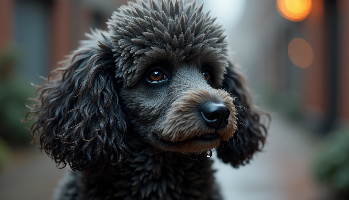 Close-up view of a wet poodle coat with water droplets