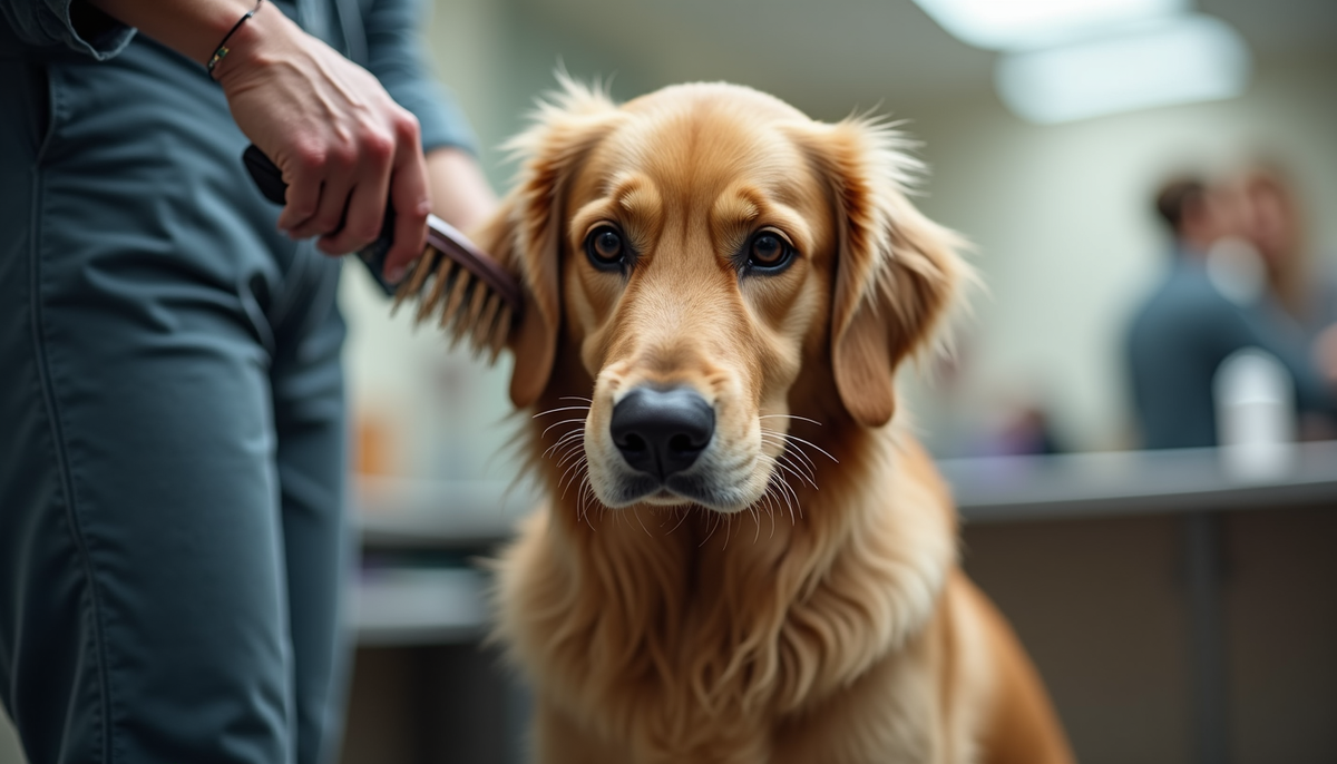 Eye-level view of a professional groomer brushing a golden retriever’s coat